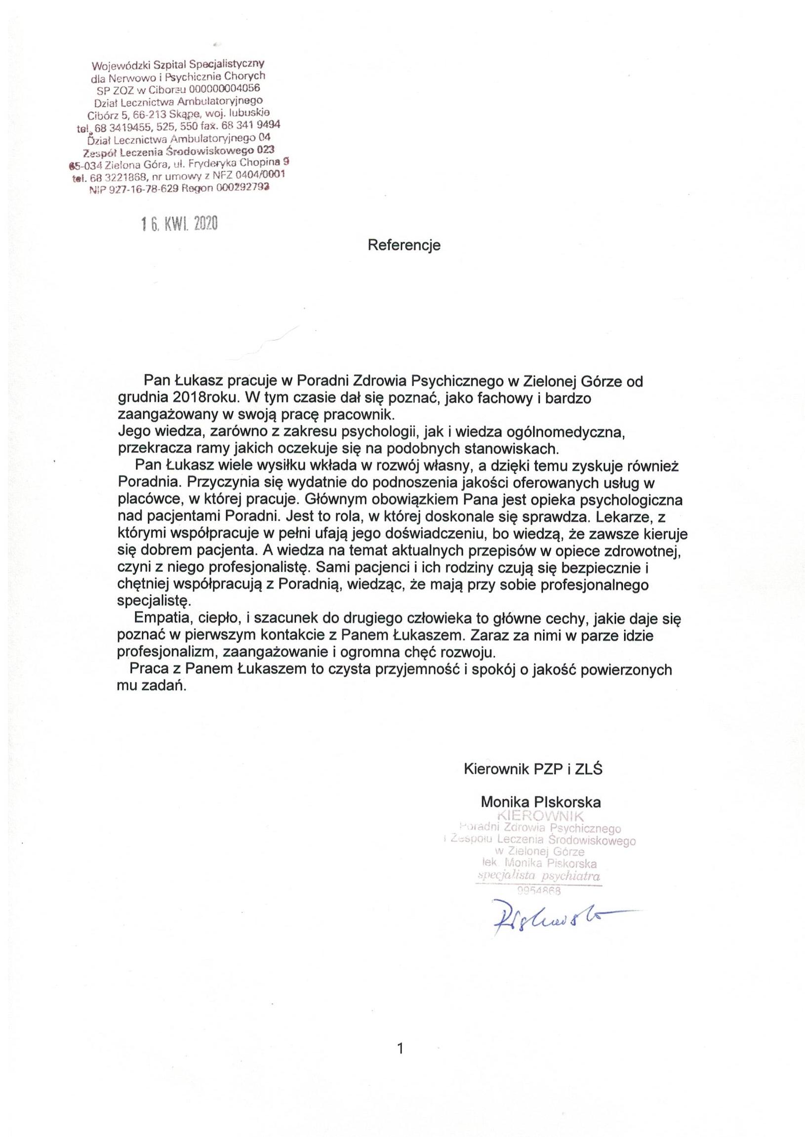 Zdebelak Łukasz - Referencje Poradnia zdrowia psychicznego