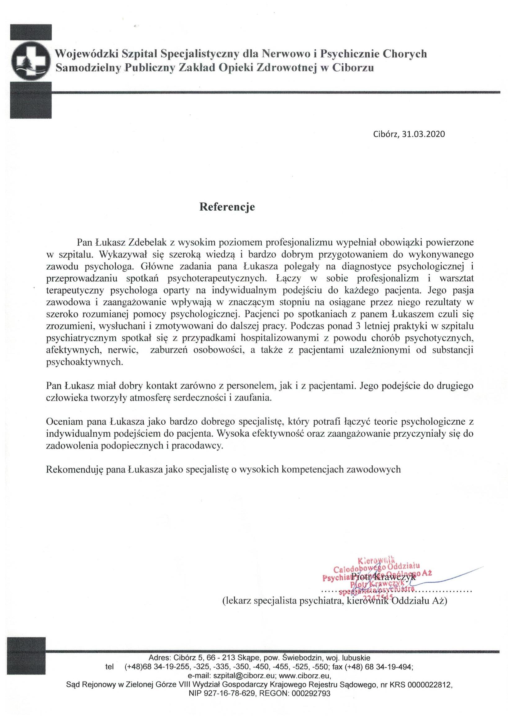 Zdebelak Łukasz Referencje Szpital dla nerowo i psychicznie chorych